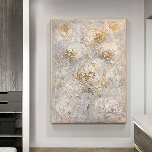 Acrylbilder Auf Leinwand Handgemalt,Original Handgemalte Kunst-Wanddekoration, Kreative Abstrakte Goldfolien-Rosen, Rahmenloses Handgemaltes Ölgemälde Auf Leinwand, Bilder, Gemälde Für Wohnzimmer