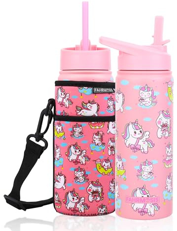 FAHRMOSIS 18 OZ Kids Water Bottle with Carrier Bag & Strap Leak Proof Metal Insulated Stainless Steel Tumbler with 2 Lids (Flip & Spout) for School & Sports Water Bottle with Straw - Pink (Unicorn)