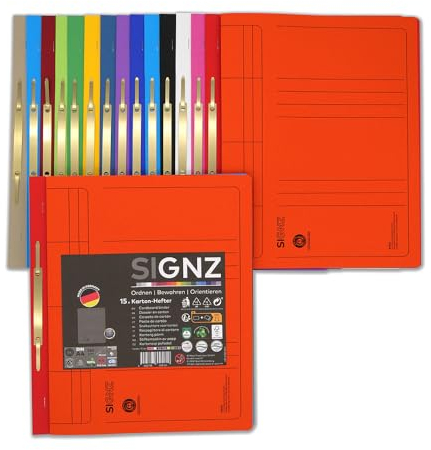 SIGNZ Schnellhefter DIN A4 aus Karton, 15 Stück, gefaltet, farblich sortiert, CO2-neutral hergestellt, made in Germany