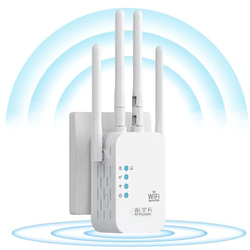 Repetidor WiFi,Amplificador Señal WiFi,WiFi Booster Extender,4 Antenas, 2 Puertos LAN,Modos Repetidor/Enrutador/Ap,Cobertura hasta 300sq Repetidor de Señal WiFi para Casa y Oficina