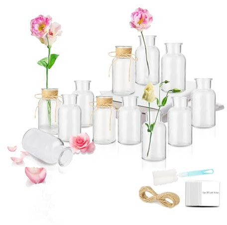 iulrtba 12 Mini Vases en Verre, 250ml Petits Vases pour Decoratifs de Table Mariage, Mini Vases Bouteilles en avec Goupillon, 5m de Ficelle de Jute et 12 étiquettes pour Le Mariage et la Maison