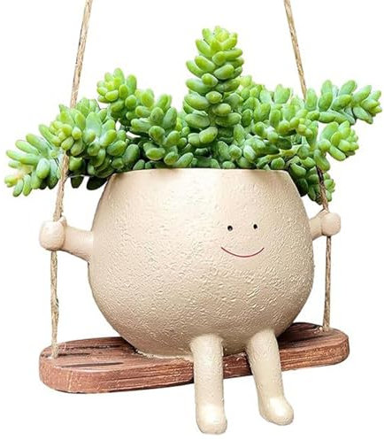 Fine jade2 Vaso da fiori sospeso con altalena viso appeso vasi da fiori con altalena viso resina fioriere carino vaso di fiori con sorriso faccia e altalena