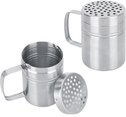 2Pcs Flour Shaker, Stainless Steel Dredges Shaker with Lid and Handle Salt and Pepper Shakers Icing Sugar Shaker Seasoning Pepper Shaker Spice Condiment Shaker for Cooking Kitchen Baking