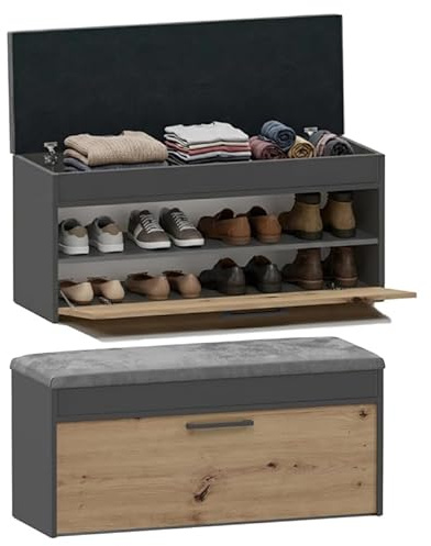 BDW Schuhschrank Schuhbank mit Sitzfläche Schuhregal, Schuhkipper, 100x35x49cm - Flur, Wohnzimmer, Schlafzimmer, perfekte Lösung bei Platzmangel für Schuhe (Anthrazit/Eiche Artisan)