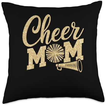 Cheer Mom Biggest Fan Cheerleader Black Yellow Gold Pom Pom Throw Pillow