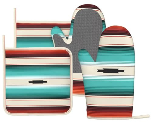 HEROARMOUR Juego de manoplas de horno mexicanas color turquesa serape para ollas, juego de manoplas de silicona, bohemias, étnicas, a rayas, antideslizantes, resistentes al calor, para cocinar, asar a