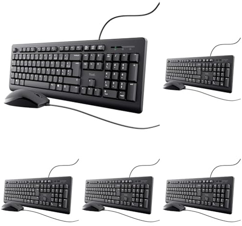 Trust Taro Pack Clavier et Souris Filaires - Clavier AZERTY Français, Résistant aux Éclaboussures, Silencieux, Câble USB de 1.8 m, Clavier PC, Portable, Ordinateur, Windows, Mac OS - Noir (Lot de 5)