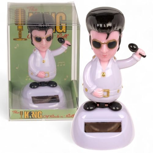 MIJOMA Solarbetriebene Wackelfigur - Bewegliche Figur mit Solarzelle, Kunststoff, 10 cm hoch, Keine Batterien notwendig, Für Fensterbretter, Autos & sonnige Plätze (King of Rock n' Roll weiß)
