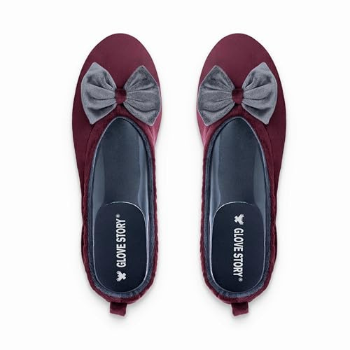 GLOVE STORY Pantuflas Bailarina de Interior para Mujer en Terciopelo con Suela de Cuero Suave y Lazo - Material Suave y Cómodo - Pantuflas Bailarina Suaves para Mujer - Hechas a Mano