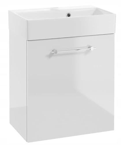 DomoDomo - Waschbeckenunterschrank 60 cm breit Hängend – Bad Unterschrank Weiß Hochglanz – Mit Waschbecken, Soft Close Tür – Badezimmermöbel für kleine Bäder, Chrom Griff