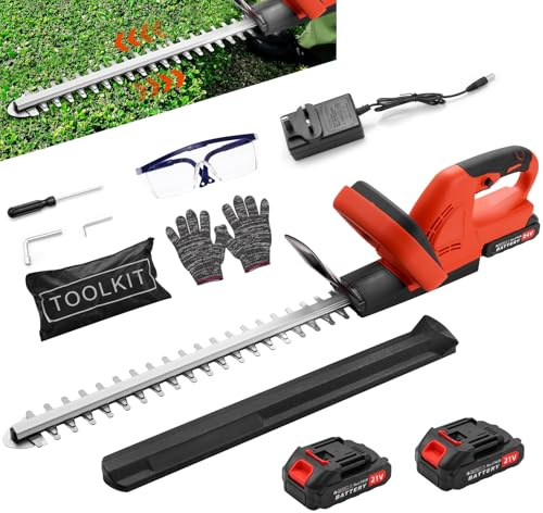 Akku Heckenschere Profi Hecken, 21V Elektrische Heckenschere mit akku & Ladegerät, 51cm Schnittlänge, 15mm Zahnabstand Dual Schnittklingen, Akku-Heckenschere zum Schneiden von Hecken, Sträucher