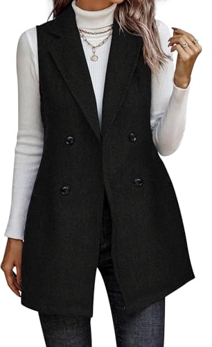 Ellunis Women's Long Vest Sleeveless Notched Lapel Tweed Cardigan Double Breasted Business Casual Blazer Vest