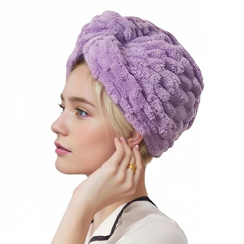 Proumhang Haarturban mit Knopf - Super Saugfähiges & Schnell Trocknendes Mikrofaser-Frottee,Kräuselreduzierend. Perfekter Schutz für langes/Dickes nasses Haar von Frauen & Mädchen 65cm x 25cm Lila