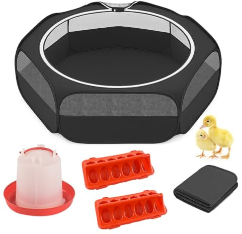 Amakunft 5 in 1 Chick Brooder Box Small Animals Chicken Playpen with Pad Mat, Chick Waterer and Feeder Pop Up Playpen Tent Chicks Coop Indoor/Outdoor for Baby Chicken/Duck