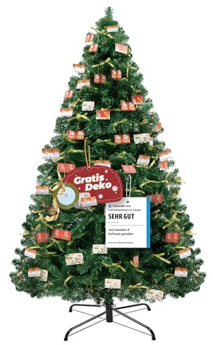 Sapin de Noël artificiel - Décoration de Noël - 195 cm - En PVC - Avec plus de 1000 branches épaisses - Avec nœuds décoratifs et cartes de vœux - Support en métal stable