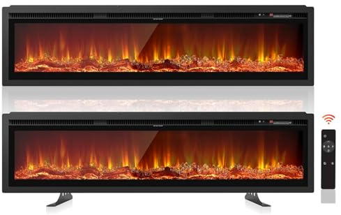 Nordivale 60/152cm Recessed Electric Fireplace, Wall Mounted/Freestanding Media Wall Fireplace 750/1500W with Remote & Touch Buttons Controlled, 12 LED Color Electric Log Burner, Overheat Protection