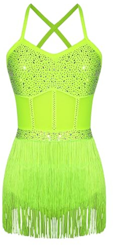 iiniim Women Latin Dance Costume Sleeveless Rhinestone Fringe Samba Rumba Tango Party Dance Bodysuit Top Fluorescent Yellow S