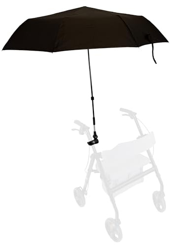 ForeverSenior Rollatorschirm mit Halterung für Rollatoren, Schwarz, 100 cm | Wasserdichter Regenschirm, UV-Sonnenschutz, höhenverstellbar durch 2 Stangen, windstabil, Flexible Klemme, Rollstuhl-Zubehör