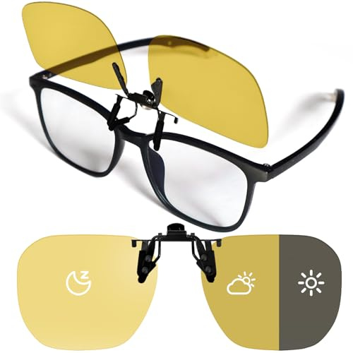 UTXN Lunettes de Vision Nocturne Clip-On – Verres Polarisés UV400 Teintés Jaune, Adaptation Photochromique, Clarté Améliorée en Basse Lumière, Vision HD pour Conduite, Design Flip-Up Polygonal