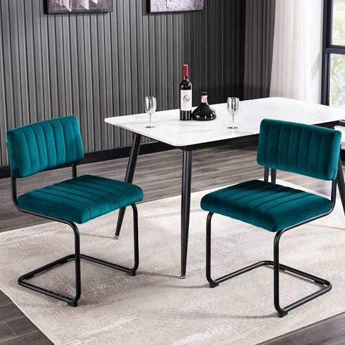 ONEVOG Modern Luxury Dining Room Chairs Set of 2, Teal Velvet Upholstered Kitchen Chairs, Heavy Duty Contemporary Armless Dining Chair with Comfy Seat & Black Metal Legs, Cantilevered Design