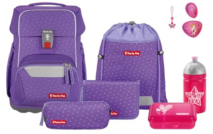 Step by Step Schulranzen-Set Basis „Purple Konfetti“, 7-teilig, lila, ergonomischer 20L Tornister, höhenverstellbar mit Hüft- und Brustgurt für Mädchen ab der 1. Klasse