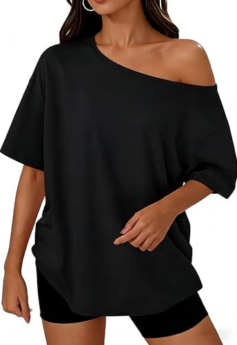 BEWECASU Women Off The Shoulder Tops Oversized Tshirts Short Sleeve Basic Tee Y2K Blouses Tunic Tshirt(Black,M)
