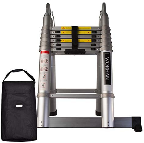 WORHAN Scala Con Anelli in Alluminio 3.8m Alu Doppia Telescopica Estensibile di Transporto Multiposizione Pieghevole Multifunzione Multiuso in Alluminio AK3.8+bag