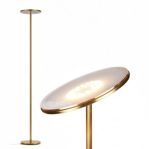 Brightech Sky LED Floor lamp, Torchiere Super Bright Floor Lamp for Living Room Decor & Office - Dimmable, Tall Standing Torch Lamp with Warm Light for Bedroom & Reading - Gold Brass
