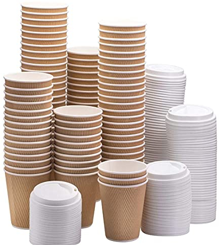 HOT BARGAINS - Kraft Triple Walled Disposable Paper Ripple Cups - 50 X 12oz / 360ml, Hot Drink Cups + Lids