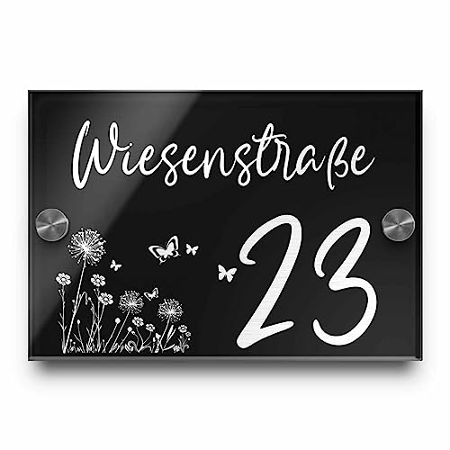 Türschild Hausnummer mit Gravur Schild aus Acrylglas Klingelschild 16x11 cm mit Edelstahl 2 Abstandshalter