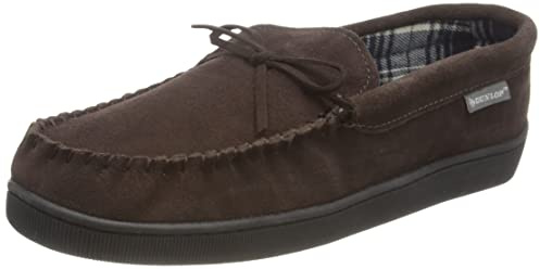 Dunlop - Pantuflas tipo mocasín de piel de oveja sintética para hombre, con forro polar, espuma viscoelástica, suela de goma, para casa, dormitorio, interior, marrón oscuro, 45 EU