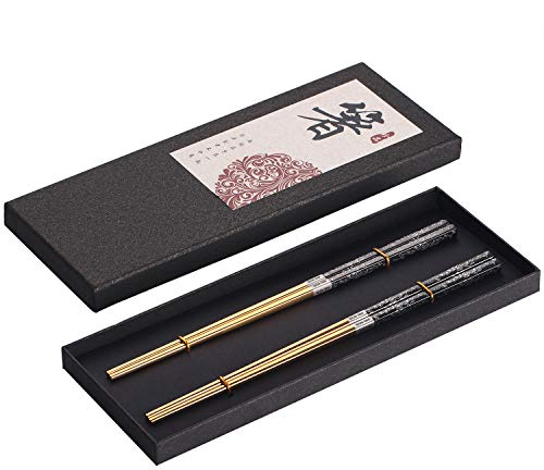 Chopsticks Reusable Titanium Plated Metal Chopsticks 304 Stainless Steel Chopstick Dishwasher Safe Japanese Korean Lightweight Engraved Anti-Slip Chop Sticks for Eating 2 Pairs Gift Set Black Gold