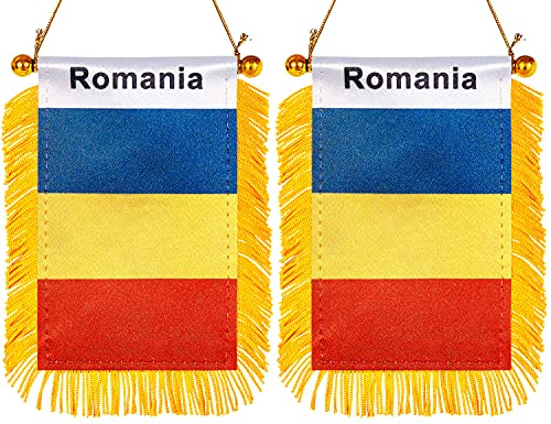 ZXvZYT Bandera colgante de ventana de Rumania de 3 x 5 pulgadas, mini banderas rumanas para coche, decoración de espejo retrovisor, con ventosa y pancarta dorada (2 unidades)