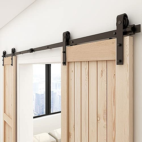 CCJH 7.5FT/224cm Schiebetürbeschlag Set Laufschienen für Schiebetür Hängeschiene Schiebetürsystem für Doppeltür Mit Einstellbar Bodenführung