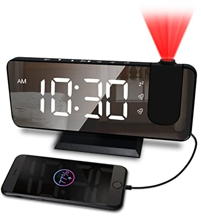CENTOLLA Projection Alarm Clock for Bedroom, 7.4 Inch Large LED Display With Ceiling Projection, 180 Projector, USB Charger, Dimmer, Dual Alarms for Desk Decor (Plug Not Included)