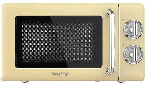 Cecotec Micro-Ondes Mécanique avec Grill Proclean 3110 Retro Jaune. 20 L, 700 W en 6 niveaux, minuterie jusqu'à 30 minutes, mode dégivrage, design vintage en jaune, finitions en acier.