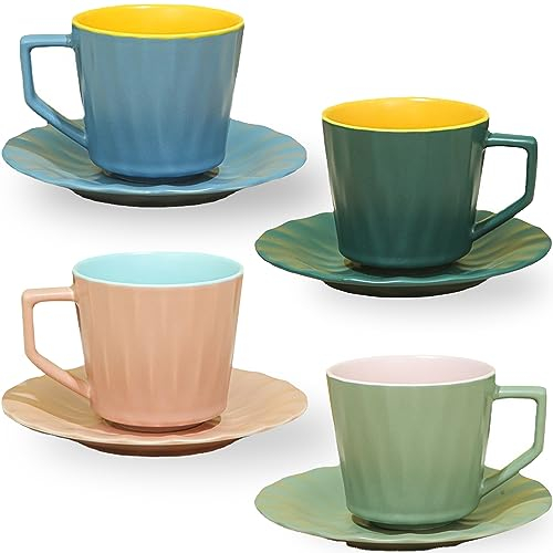 ARRADENS Juego de 4 tazas y platillos de té, tazas grandes de espresso de 7.5 onzas, taza de café de porcelana y platillo, taza de café apta para lavavajillas y microondas, para capuchino, latte,