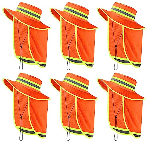 Jexine 6 Pcs Reflective Safety Hat High Visibility Neck Flap Boonie Hat Wide Brim Work Hats Breathable Bucket Cap for Worker (Orange)