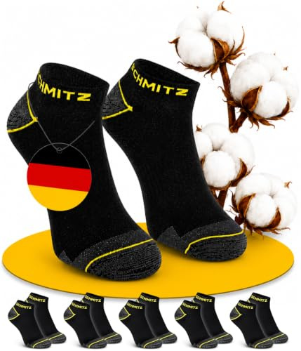 SCHMITZ.Tools 5 eller 10 par premium arbetsstrumpor män korta – hög andel bomull – anti-hål löfte – sommarsneakers arbetsstrumpor – korta strumpor med förstärkt häl och fotspets, 5 par svarta, 43-46
