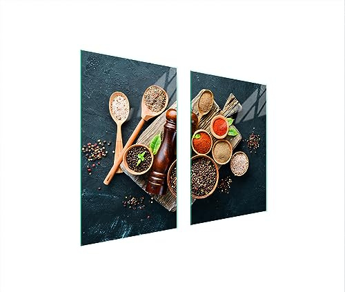 TMK ArtDeko Herdabdeckplatten 2 Teilig 65 x 52 cm Ceranfeldabdeckung Küche Induktion Herdschutz Spritzschutz Glasplatte Schneidebrett, Gewürze