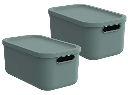 Rotho Albula Aufbewahrungsbox mit Deckel 2er-Set 12 L sicher stapelbar Grün | Aufbewahrungsboxen, offene ergonomische Griffe, sicher verschließbar, stapelbar und nestbar, aus recyceltem Kunststoff