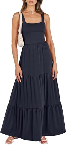 ANRABESS Women's Summer Casual Long Maxi Beach Vacation Dresses Sleeveless Square Neck Flowy Tiered Sun Dress with Pockets Navy Blue Large
