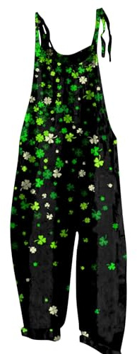 RMBLYfeiye Jumpsuit Damen Lang Kleeblatt Druck St Patricks Day Spaghetti Mit Taschen Wide Leg Playsuit Rückenfrei Romper Kuschelig Strampler Ärmelloser Onesie Festlich Trägerhose