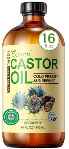 Yoken EWG Verified Castor Oil Organic Glass Bottle 16 fl oz 100% Pure Natural Cold Pressed Castor Oil for Hair, Face, Body, Eyelash, Skin - Hexane Free, Unrefined, Virgin, Rich Fatty Acid