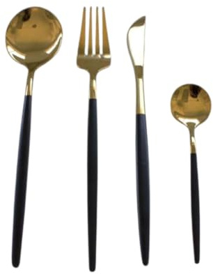 Solycarpa Juego 24 de Cubiertos de 4 Piezas (6 Tenedores, 6 Cucharas, 6 Cuchillos y 6 Cucharillas), Color Dorado con Mango Negro Mate - Elegancia y Estilo para Hogar y Eventos, Resistente y Duradero