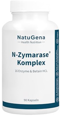 NatuGena N-Zymarase Komplex, 16 verschiedene Enzyme + Betain HCl, Verdauungsenzyme, Multi-Enzym-Komplex, 90 Kapseln (30 Tage Packung)