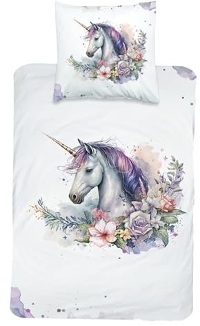 MTOnlinehandel Bettwäsche 135x200 Magische Tierwelt Unicorn Blumen, 100% Baumwolle, 1 Kissenbezug 80x80 cm + 1 Bettbezug 135x200 cm, Reißverschluss, Wendebettwäsche Lila (Einhorn)