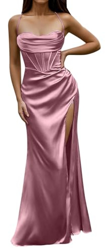 Robe en satin pour femme - Dos nu - Sans manches - Robe de soirée - Robe de soirée - Dos nu - Longue - Avec poches - Satin - Cristal brillant - Soirée de mariage - Robe sirène, Rose, S