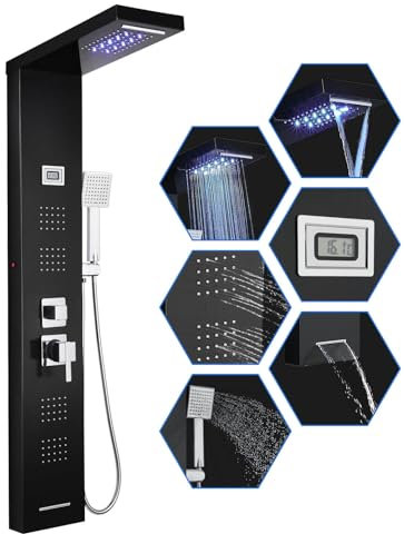 ROVOGO 7-Function Black Shower Panel Tower System with LED Light and Temperature Display, Rainfall Waterfall Shower Head, Handheld, Body Jets, Bathtub Spout, Stainless Steel Wall-mounted Column Shower