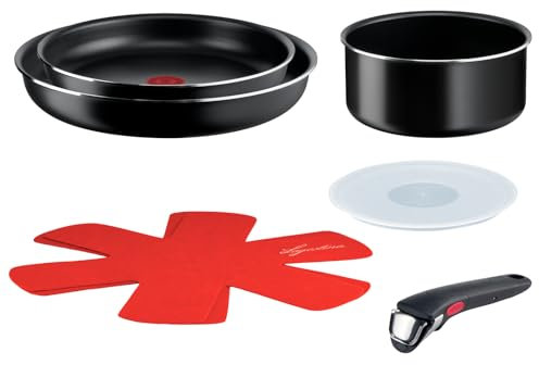 Lagostina Ingenio Easy Start Set di Pentole e Padelle antiaderenti, 7 Pezzi, Batteria con 2 Padelle, Casseruola, Coperchio in Plastica, 2 Proteggi Pentola, Manico Amovibile